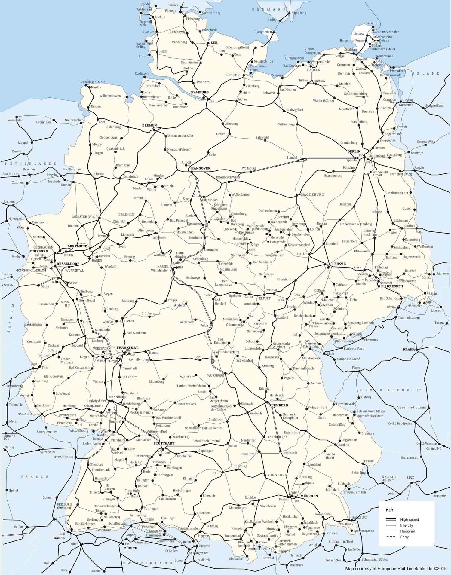 ドイツの鉄道地図 ドイツの鉄道路線と高速鉄道